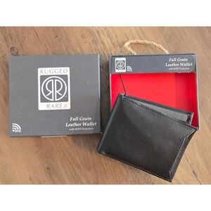 Rugged Rare Mens Black Full Grain Leather Bifold Wallet RFID Protection NEW